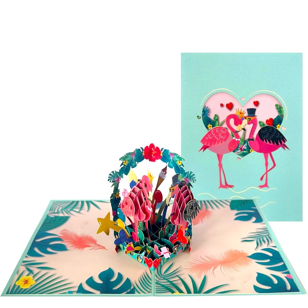 New Anniversary 3D Pop Up Card Greeting Card- Envelope and Note Tag-Flamingo